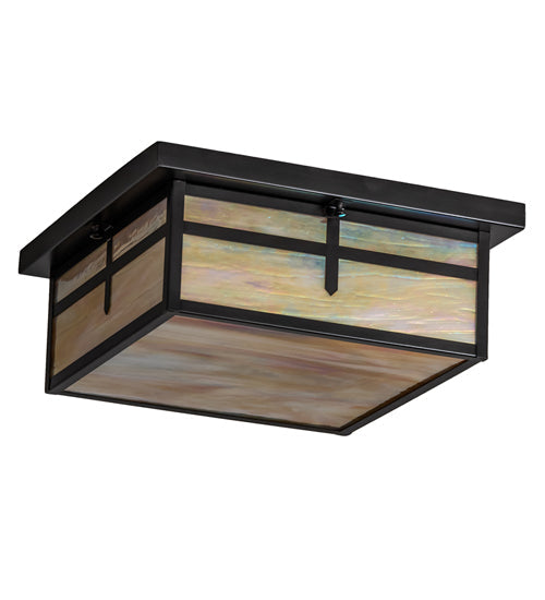 Meyda Lighting Hyde Park 21" 2-Light Craftsman Brown Cross Mission Flush Mount Light With Beige Iridescent Shade Glass