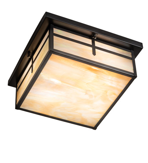 Meyda Lighting Hyde Park 21" 2-Light Craftsman Brown Cross Mission Flush Mount Light With Beige Iridescent Shade Glass