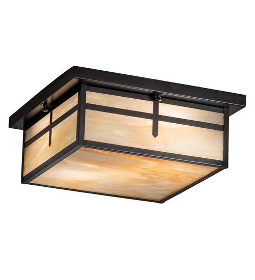Meyda Lighting Hyde Park 21" 2-Light Craftsman Brown Cross Mission Flush Mount Light With Beige Iridescent Shade Glass