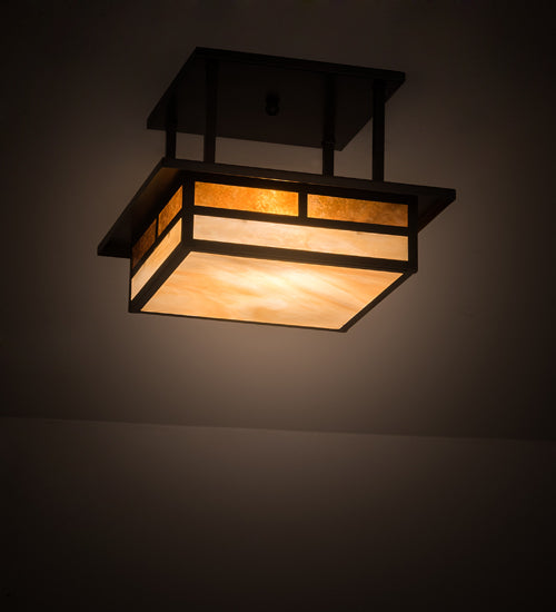 Meyda Lighting Hyde Park 21" 2-Light Craftsman Brown "T" Mission Flush Mount Light With Beige Iridescent And Amber Mica Shade Glass
