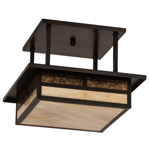Meyda Lighting Hyde Park 21" 2-Light Craftsman Brown "T" Mission Flush Mount Light With Beige Iridescent And Amber Mica Shade Glass