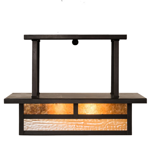 Meyda Lighting Hyde Park 21" 2-Light Craftsman Brown "T" Mission Flush Mount Light With Beige Iridescent And Amber Mica Shade Glass