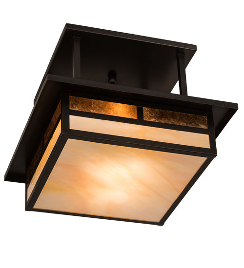 Meyda Lighting Hyde Park 21" 2-Light Craftsman Brown "T" Mission Flush Mount Light With Beige Iridescent And Amber Mica Shade Glass