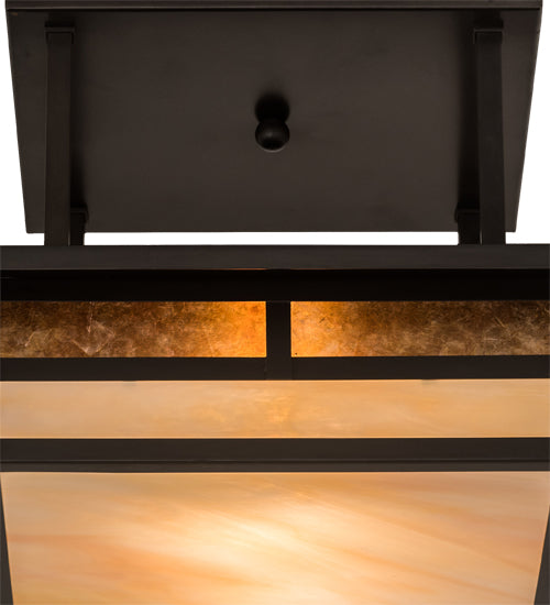 Meyda Lighting Hyde Park 21" 2-Light Craftsman Brown "T" Mission Flush Mount Light With Beige Iridescent And Amber Mica Shade Glass