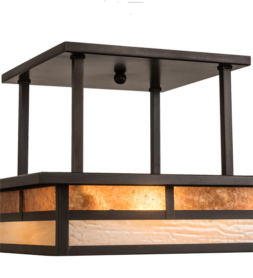 Meyda Lighting Hyde Park 21" 2-Light Craftsman Brown "T" Mission Flush Mount Light With Beige Iridescent And Amber Mica Shade Glass