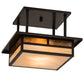 Meyda Lighting Hyde Park 21" 2-Light Craftsman Brown "T" Mission Flush Mount Light With Beige Iridescent And Amber Mica Shade Glass
