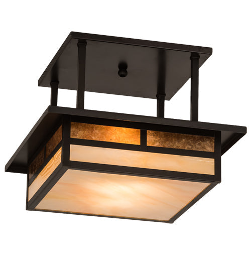 Meyda Lighting Hyde Park 21" 2-Light Craftsman Brown "T" Mission Flush Mount Light With Beige Iridescent And Amber Mica Shade Glass