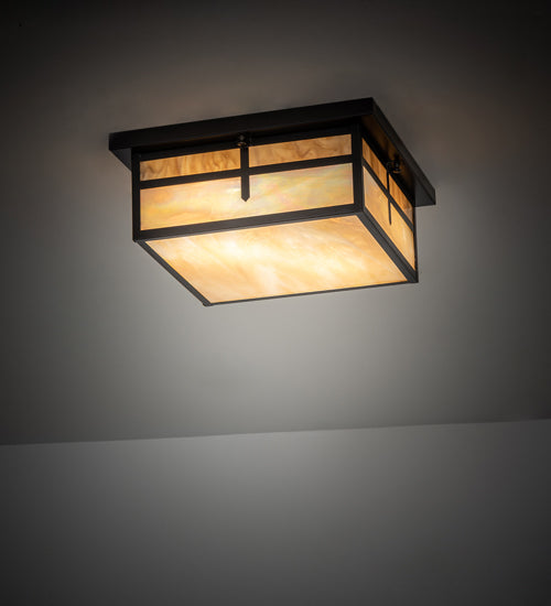 Meyda Lighting Hyde Park 21" 2-Light Craftsman Brown "T" Mission Flush Mount Light With Travertine Idalight & Beige Iridiscent Shade