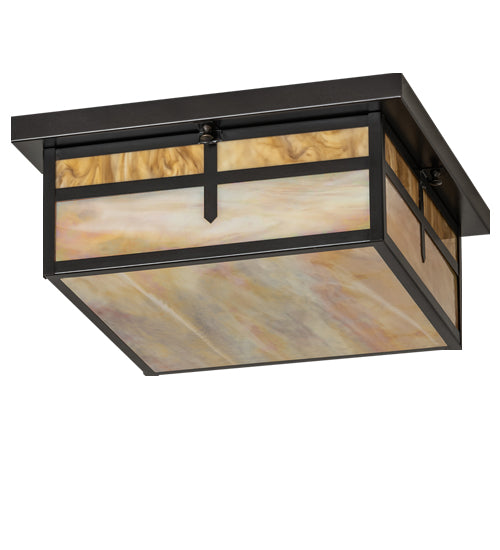 Meyda Lighting Hyde Park 21" 2-Light Craftsman Brown "T" Mission Flush Mount Light With Travertine Idalight & Beige Iridiscent Shade