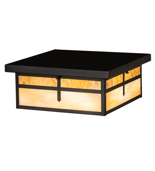 Meyda Lighting Hyde Park 21" 2-Light Craftsman Brown "T" Mission Flush Mount Light With Travertine Idalight & Beige Iridiscent Shade