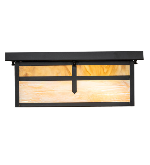 Meyda Lighting Hyde Park 21" 2-Light Craftsman Brown "T" Mission Flush Mount Light With Travertine Idalight & Beige Iridiscent Shade