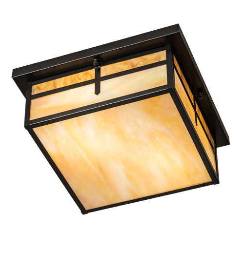 Meyda Lighting Hyde Park 21" 2-Light Craftsman Brown "T" Mission Flush Mount Light With Travertine Idalight & Beige Iridiscent Shade