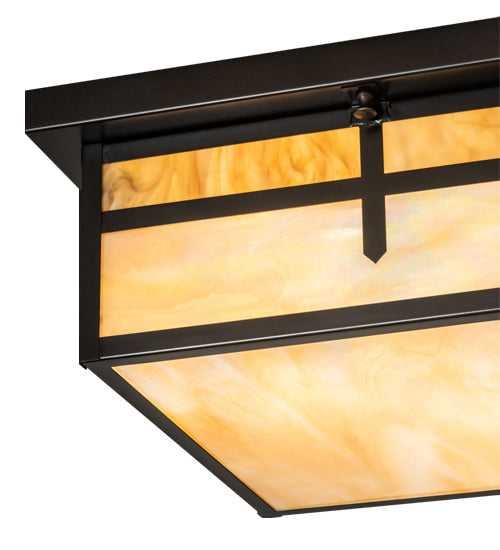Meyda Lighting Hyde Park 21" 2-Light Craftsman Brown "T" Mission Flush Mount Light With Travertine Idalight & Beige Iridiscent Shade