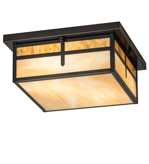 Meyda Lighting Hyde Park 21" 2-Light Craftsman Brown "T" Mission Flush Mount Light With Travertine Idalight & Beige Iridiscent Shade