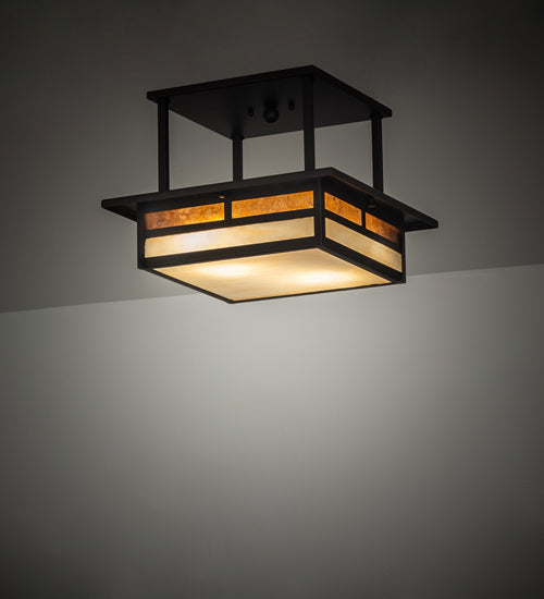 Meyda Lighting Hyde Park 21" 2-Light Oil Rubbed Bronze "T" Mission Flush Mount Light With Beige & Amber Mica Shade Glass