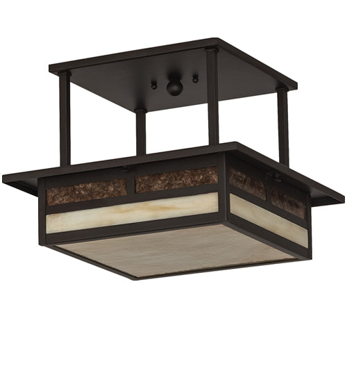 Meyda Lighting Hyde Park 21" 2-Light Oil Rubbed Bronze "T" Mission Flush Mount Light With Beige & Amber Mica Shade Glass