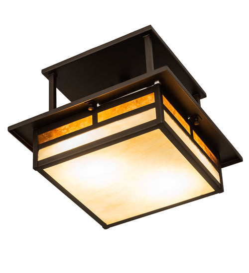 Meyda Lighting Hyde Park 21" 2-Light Oil Rubbed Bronze "T" Mission Flush Mount Light With Beige & Amber Mica Shade Glass