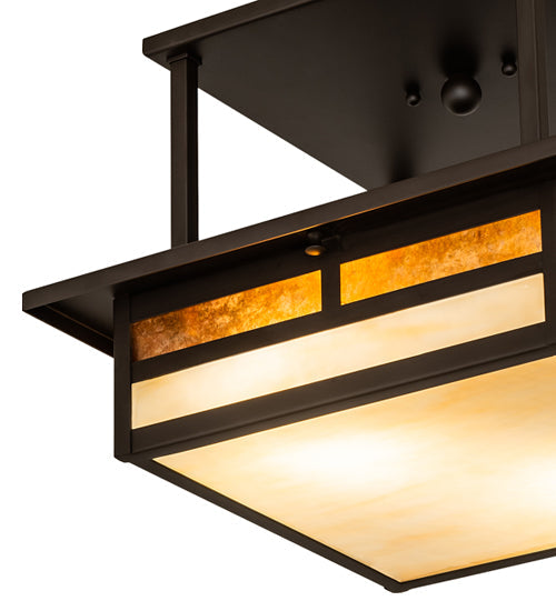 Meyda Lighting Hyde Park 21" 2-Light Oil Rubbed Bronze "T" Mission Flush Mount Light With Beige & Amber Mica Shade Glass
