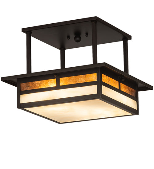 Meyda Lighting Hyde Park 21" 2-Light Oil Rubbed Bronze "T" Mission Flush Mount Light With Beige & Amber Mica Shade Glass