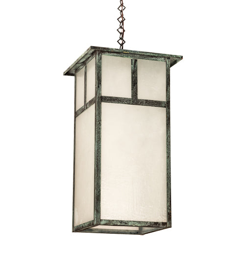 Meyda Lighting Hyde Park 21" Craftsman Verdigris "T" Mission Pendant Light With Frosted Seeded Shade Glass