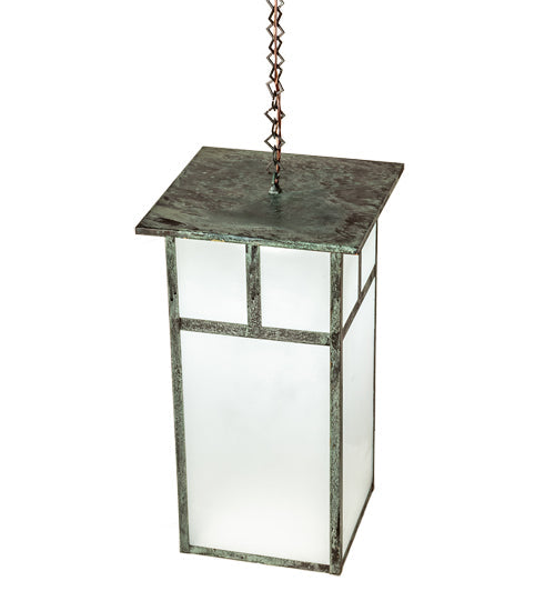 Meyda Lighting Hyde Park 21" Craftsman Verdigris "T" Mission Pendant Light With Frosted Seeded Shade Glass