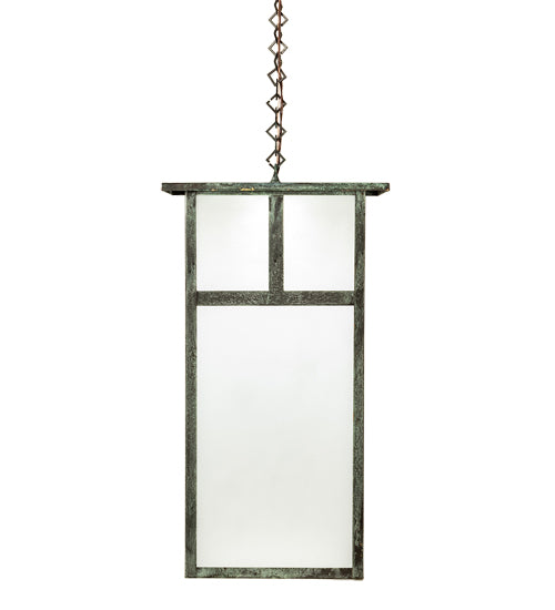 Meyda Lighting Hyde Park 21" Craftsman Verdigris "T" Mission Pendant Light With Frosted Seeded Shade Glass