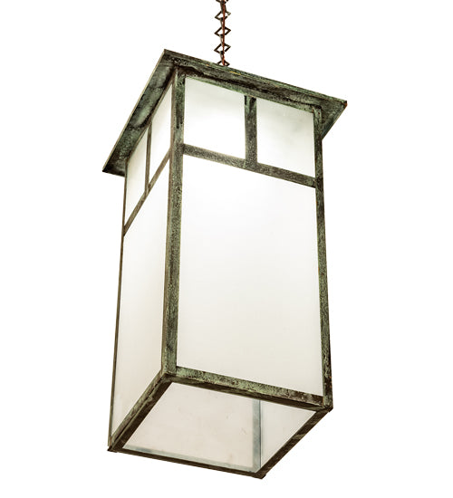 Meyda Lighting Hyde Park 21" Craftsman Verdigris "T" Mission Pendant Light With Frosted Seeded Shade Glass