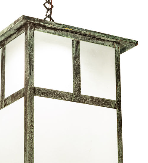 Meyda Lighting Hyde Park 21" Craftsman Verdigris "T" Mission Pendant Light With Frosted Seeded Shade Glass