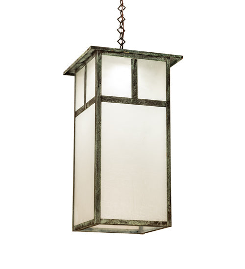 Meyda Lighting Hyde Park 21" Craftsman Verdigris "T" Mission Pendant Light With Frosted Seeded Shade Glass