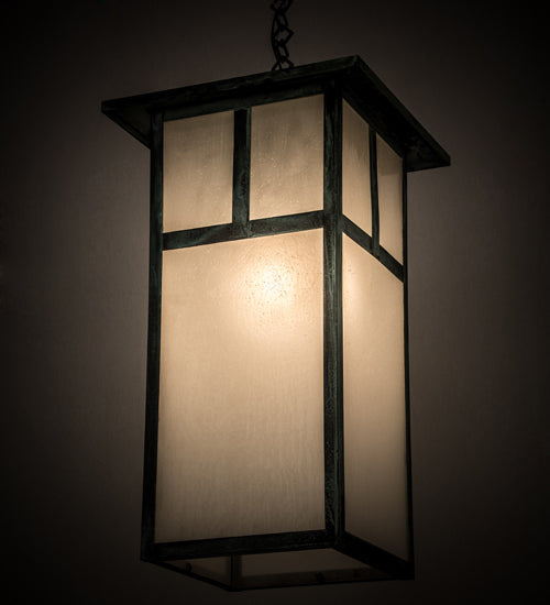 Meyda Lighting Hyde Park 21" Verdigris "T" Mission Pendant Light With Frosted Seeded Shade Glass