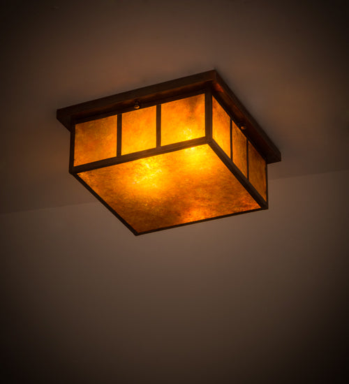 Meyda Lighting Hyde Park 23" 2-Light Vintage Copper Double Bar Mission Flush Mount Light With Amber Mica Shade Glass