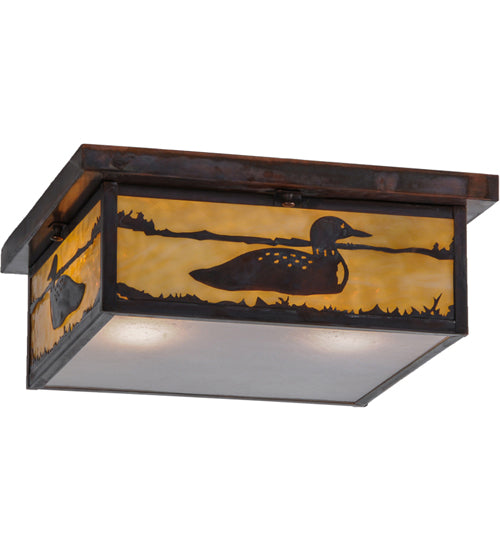 Meyda Lighting Hyde Park 23" 2-Light Vintage Copper Loon Flush Mount Light With Frosted Seeded & Beige Art Shade Glass