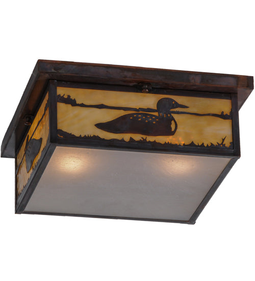Meyda Lighting Hyde Park 23" 2-Light Vintage Copper Loon Flush Mount Light With Frosted Seeded & Beige Art Shade Glass