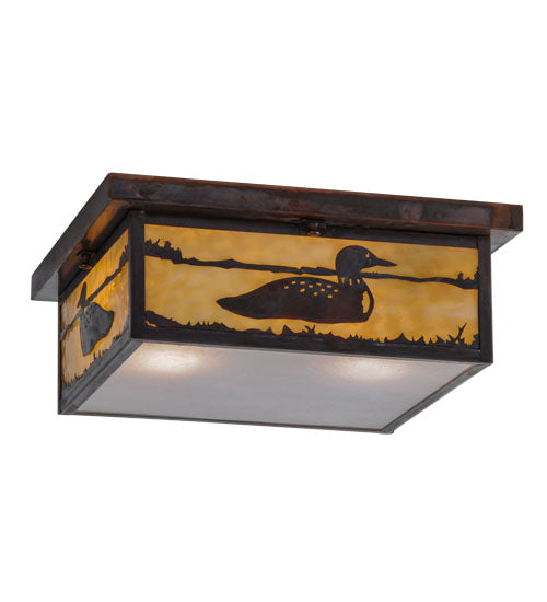 Meyda Lighting Hyde Park 23" 2-Light Vintage Copper Loon Flush Mount Light With Frosted Seeded & Beige Art Shade Glass