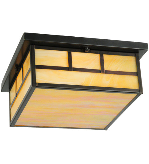Meyda Lighting Hyde Park 23" 4-Light Craftsman Brown Double Bar Mission Flush Mount Light With Beige Art Shade Glass