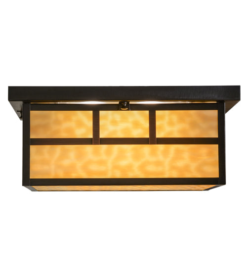 Meyda Lighting Hyde Park 23" 4-Light Craftsman Brown Double Bar Mission Flush Mount Light With Beige Art Shade Glass