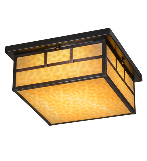 Meyda Lighting Hyde Park 23" 4-Light Craftsman Brown Double Bar Mission Flush Mount Light With Beige Art Shade Glass
