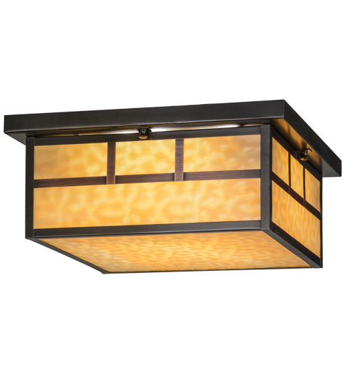 Meyda Lighting Hyde Park 23" 4-Light Craftsman Brown Double Bar Mission Flush Mount Light With Beige Art Shade Glass