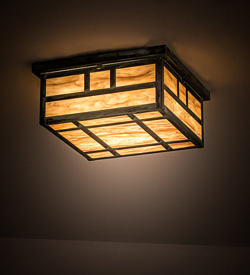 Meyda Lighting Hyde Park 23" 4-Light Craftsman Verdigris Double Bar Mission Flush Mount Light With Travertine Idalight Shade