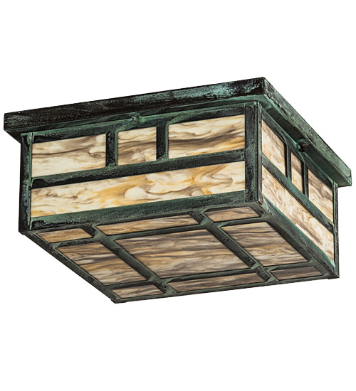 Meyda Lighting Hyde Park 23" 4-Light Craftsman Verdigris Double Bar Mission Flush Mount Light With Travertine Idalight Shade