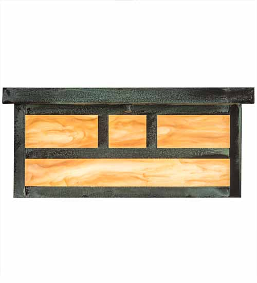Meyda Lighting Hyde Park 23" 4-Light Craftsman Verdigris Double Bar Mission Flush Mount Light With Travertine Idalight Shade