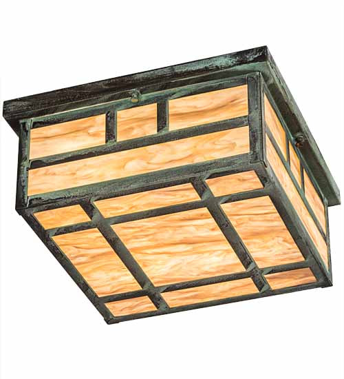 Meyda Lighting Hyde Park 23" 4-Light Craftsman Verdigris Double Bar Mission Flush Mount Light With Travertine Idalight Shade