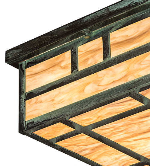 Meyda Lighting Hyde Park 23" 4-Light Craftsman Verdigris Double Bar Mission Flush Mount Light With Travertine Idalight Shade