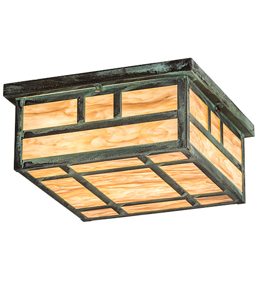 Meyda Lighting Hyde Park 23" 4-Light Craftsman Verdigris Double Bar Mission Flush Mount Light With Travertine Idalight Shade