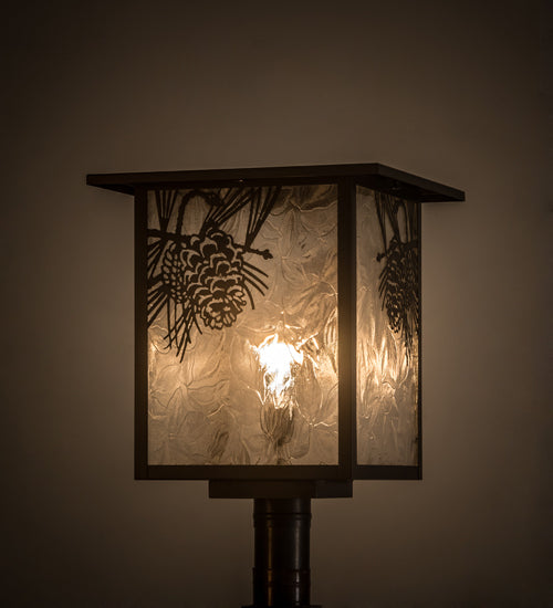 Meyda Lighting Hyde Park 23" Craftsman Brown Winter Pine Outdoor Post Mount Light With Clear Leaf Shade Glass