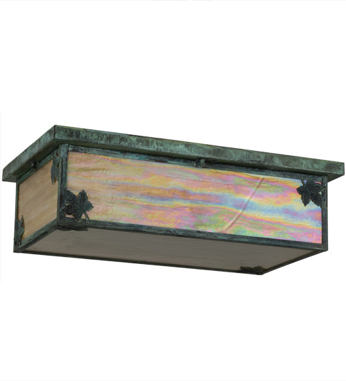 Meyda Lighting Hyde Park 24" 3-Light Verdigris Maple Leaf Island Flush Mount Light With Beige Iridescent Art Shade Glass