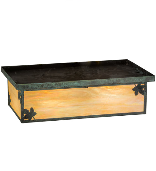 Meyda Lighting Hyde Park 24" 3-Light Verdigris Maple Leaf Island Flush Mount Light With Beige Iridescent Art Shade Glass