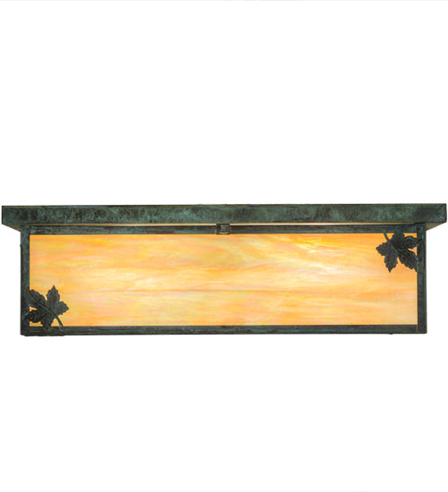Meyda Lighting Hyde Park 24" 3-Light Verdigris Maple Leaf Island Flush Mount Light With Beige Iridescent Art Shade Glass