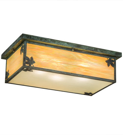 Meyda Lighting Hyde Park 24" 3-Light Verdigris Maple Leaf Island Flush Mount Light With Beige Iridescent Art Shade Glass