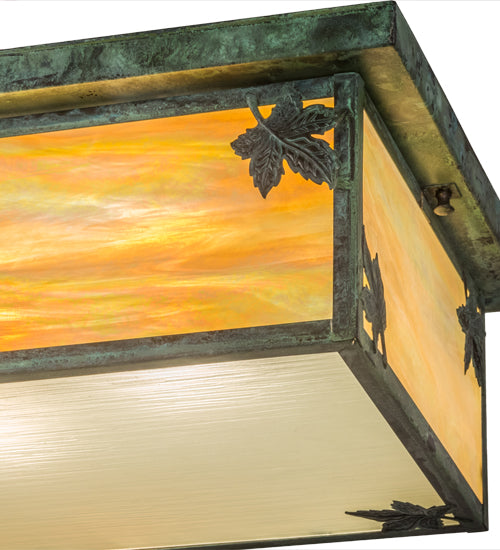 Meyda Lighting Hyde Park 24" 3-Light Verdigris Maple Leaf Island Flush Mount Light With Beige Iridescent Art Shade Glass